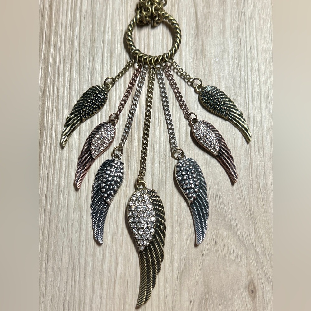 Vintage VCLM Bronze Tone Wing Chandelier Necklace With Cubic Zirconia Accents - Picture 2 of 4